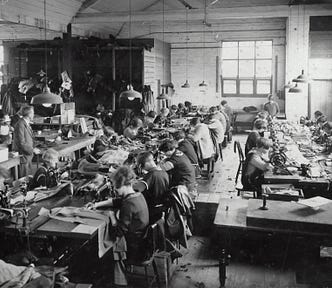 Grim working conditions on a factory floor.
