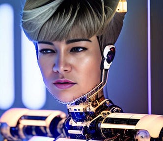 A close up of a female cyborg on board a spaceship