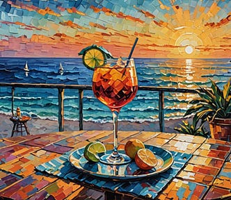 Impressionist image of a cocktail on a table overlooking the ocean and sunset.