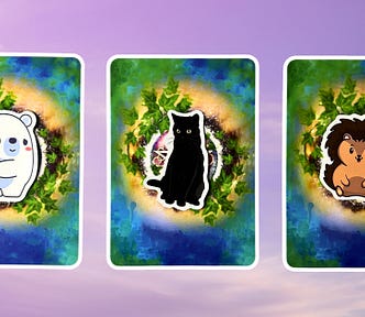 Three oracle pick a card piles from the Spellcasting Oracle deck: pile 1 — polar bear, pile 2 — cat, pile 3 — hedgehog