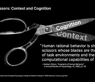 Pair of scissors where one blade is labelled “cognition” and the other is labeled “context.”