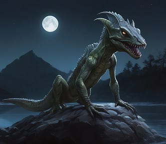 a humanoid alien lizard in the dark, its teeth gleaming in moonlight, on a rock in a lake