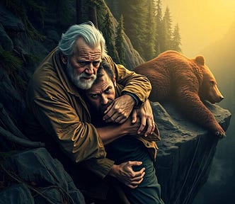 On a steep forested slope, a haggard-looking man in his 50s clasps a younger, bearded man against him, saving him from falling over a cliff. Behind them is the rotting carcass of a grizzly bear.