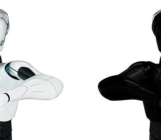 Image of two cyborg robots, standing back to back. Robot on the left is all white. Robot on the right is all black.
