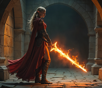 female elf with a flaming sword, in a stone building, dark fantasy art
