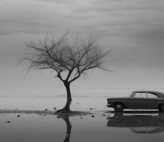 Black and white photo of woman facing water with an old fashioned car nearby