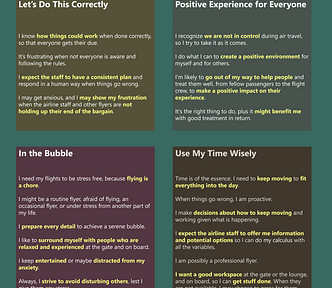 four archetypes. 1: Let’s Do This Correctly (It’s frustrating when not everyone is aware & following the rules.) 2: Positive Experience for Everyone (I recognize we are not in control during air travel, so I go out of my way to help people & create a positive experience.) 3: In the Bubble (I need flights to be stress free — and keep my own stress/chaos from affecting others.) 4: Use My Time Wisely (I want to fit everything into the day, get stuff done, and keep moving if plans get changed.)