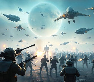 Image of Earthlings fighting alien invasion.