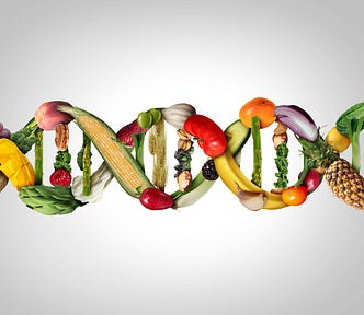 Fruits and vegetables symbolize a DNA strand symbol. The image represents the importance of these foods in preventing cancer.
