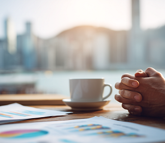 photorealistic image of a pair of man hands folded thoughtfully over financial reports and market charts, hong kong day time landscape, coffee cup, chill vibe