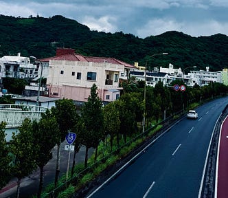 A street in Okinawa Japan. The street is meticulous and you can see urban decay in the background.