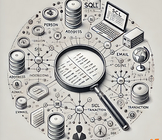 A black and white pencil sketch depicting a database schema and investigation tools connected through SQL for OSINT analysis.