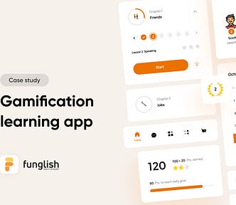 An image containing text: “Case study, Gamification learning app” on the left, and UI components on the right.