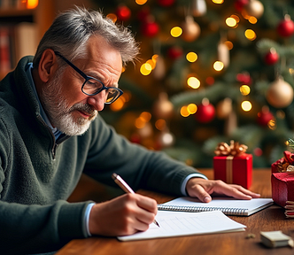 A middle aged man writing Santa his Christmas list