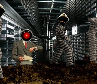 A magnified image of the inside of an automated backup tape library, with gleaming racks of silver tape drives receding into the distance. In the foreground is a pile of dirt being shoveled by three figures in prisoner’s stripes. Two of the figures’ heads have been replaced with cliche hacker-in-hoodie heads, from which shine yellow, inverted Amazon ‘smile’ logos, such that the smile is a frown. The remaining figure’s head has been replaced with a horse’s head. Behind the figure is an impatientl