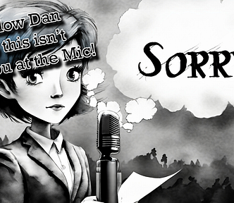 Scarred girl in black and white thinking she’s sorry. Standing at a microphone.