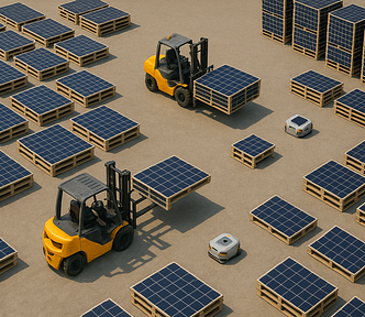 ChatGPT generated landscape top-down view of a logistics chain for solar panel staging, with forklifts, panel pallets, and robots in action — highlighting the choreography of automation