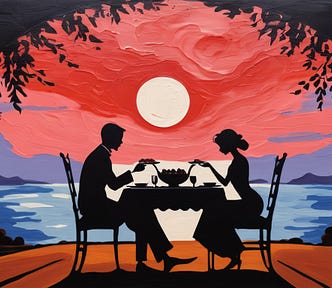 Silhouette of a couple having dinner, blue and red background