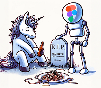 AI Generated illustration with little edition in photoshop of a sad unicorn in the grave of spaguetti prototyping. On the right a sad character resembling the figma tool.