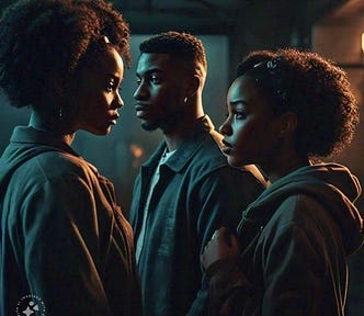 Two black girls with afro hair starring intensely at each other while one clings onto the shoulder of a young boy.