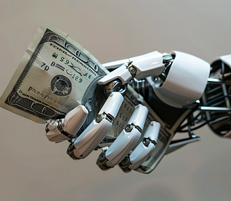 close up of a robot hand holding out money (Open AI pays publishers)