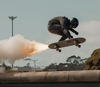 A skateboarder, wearing a helmet, jumping a rocket powered skateboard over a pipe