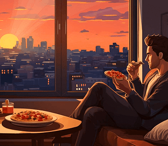 A man, eating pizza while watching the sun set.