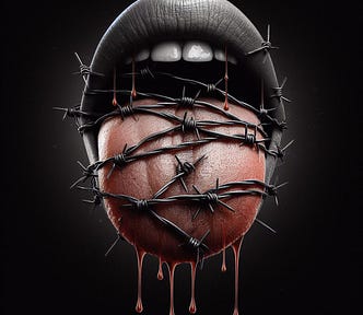 close-up image of a mouth with tongue sticking out that is wrapped in barbed wire and dripping venom