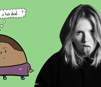 Blob on the left wearing a purple shirt thinking “What is hér deal?”. On the right a blonde white girl wearing a black hoodie and sticking her tongue out while looking straight at the camera.
