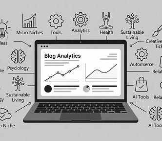 Illustration of a laptop showing blog analytics with rising graphs, surrounded by icons representing micro niches like AI tools, yoga, and sustainable living.