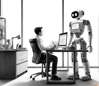 A black and white pencil sketch depicting a human intelligence analyst working at a desk in an office with an iRobot-like representation of ChatGPT standing nearby, interacting with the analyst.