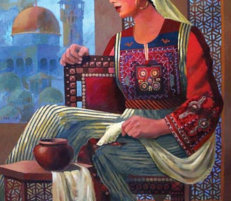Painting, Maher Naji, Palestinian Girl in Jerusalem Dress