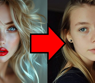 The before and after results of applying my 5 MidJourney prompting tips to tone down the “over the top midjourney look” and enhance authenticity and realism in your AI photo like images. AI image created by henrique centieiro and bee lee on MidJourney V6. a 20 years old blonde woman with blue eyes