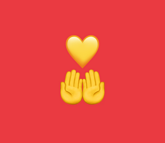 Emoji de duas mãos juntas com as palmas abertas viradas para cima e um coração representando a ideia do voluntariado e colocar a mão na massa.
