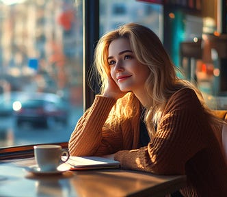 A woman with blonde hair sits at a cozy café table by a large window, gazing outside with a peaceful smile.