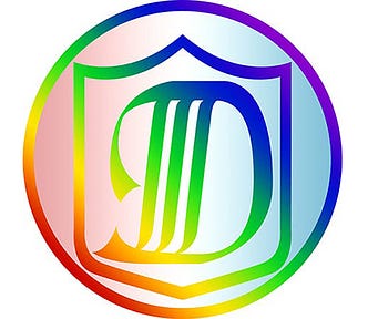 A graphical logo of the author’s initials with a rainbow effect