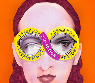 Colourful illustration of a woman reading from a device. It depicts her wearing glasses with the words ‘trigger > pre-action > action > reward > investment’ wrapped around the frame.