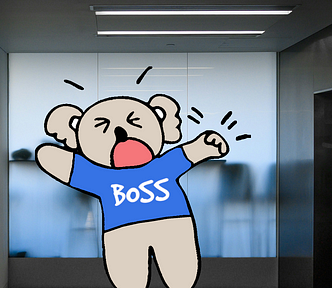 This image shows an illustration of a cartoon koala with an open mouth and closed eyes, wearing a blue shirt with the word “BOSS” on it. The bear appears to be in mid tantrum, with arms stretched wide in an assertive gesture. The cartoon koala is superimposed on a real-life photograph of an elevator lobby.