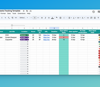 Screenshot of Simple Job Hunt Tracker Google Sheets template with dummy data in the Tracker tab