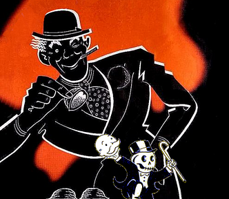 A con artist playing the shell game lifts a shell to reveal a dancing Rich Uncle Pennybags who has removed his face to reveal a grinning skull.