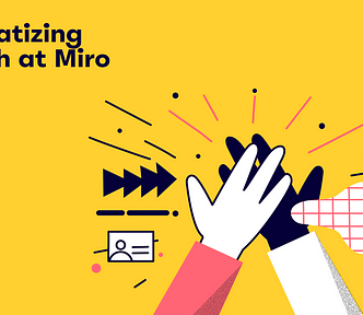 Cover image with two hands connecting and a title “Democratizing research at Miro”
