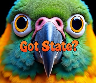 An AI Generated picture of a parrot (LangChain Logo) with the words “Got State?” over it’s beak in a fun font.