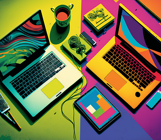 an aerial view of two laptops on a desk, pop art