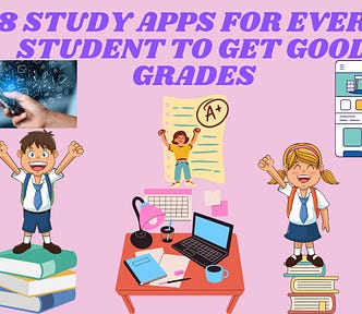 2 students standing on books with a pinkish background and 2 photos of apps and a student with A+ grade with a title.