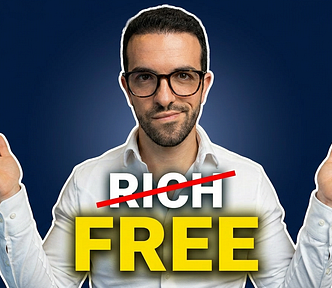Thumbnail showing a man with a confident smirk looking directly at the camera. The word “RICH” appears crossed out in red across his chest, with “FREE” displayed in large bold yellow text below it — illustrating the article’s theme that real wealth is freedom, not money.