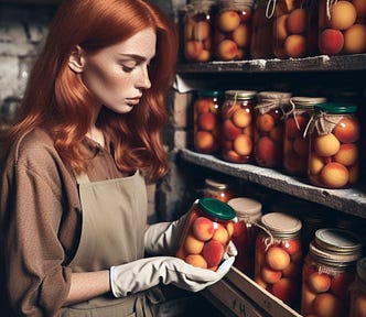 A red headed girl with freckles stands in a fruit cellar holding a jar of peaches.