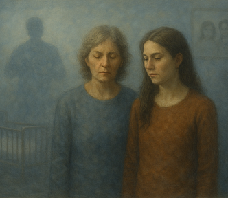 Two women, one older, the other a younger adult, stand close together almost in the middle of the image. On the left, in the background, is a crib and a dark shadow of a man looming over it.