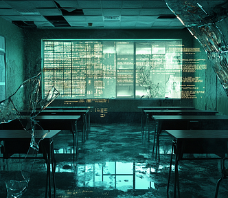 A university classroom seen through shattered glass, digital static and binary code where windows and whiteboards would be