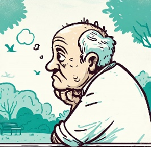 Cartoon image of an old man sitting and daydreaming to illustrate post