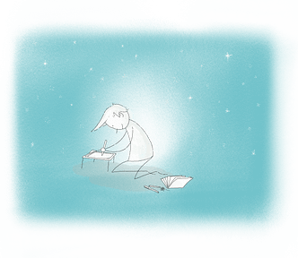 Line drawing of a smiling person kneeling on the ground, writing on an iPad that’s sitting on a lap desk. There’s an open book and a couple of pens on the ground nearby. The background is a soft blue, and there are tiny white stars scattered around the top two thirds of the picture.